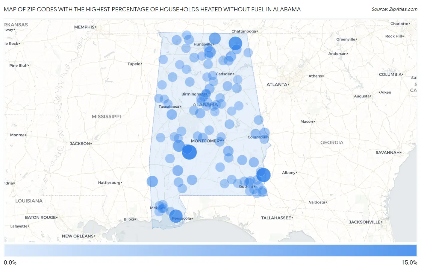 Zip Codes with the Highest Percentage of Households Heated without Fuel in Alabama Map