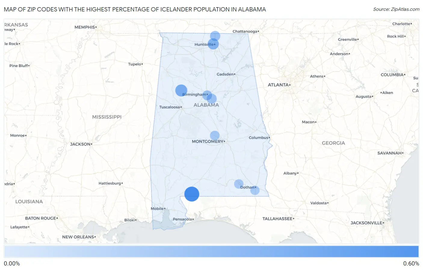 Zip Codes with the Highest Percentage of Icelander Population in Alabama Map