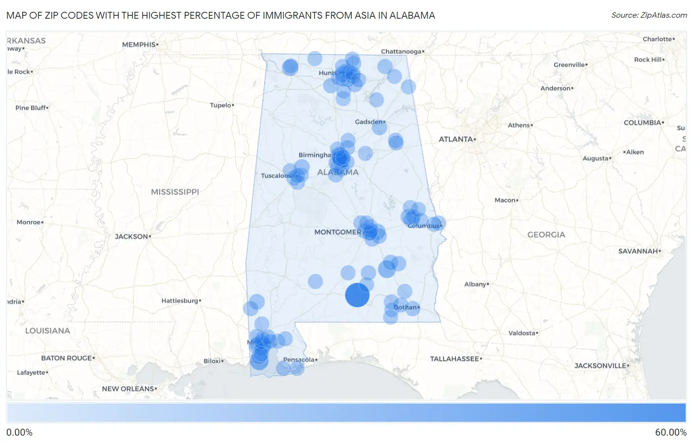 Zip Codes with the Highest Percentage of Immigrants from Asia in Alabama Map