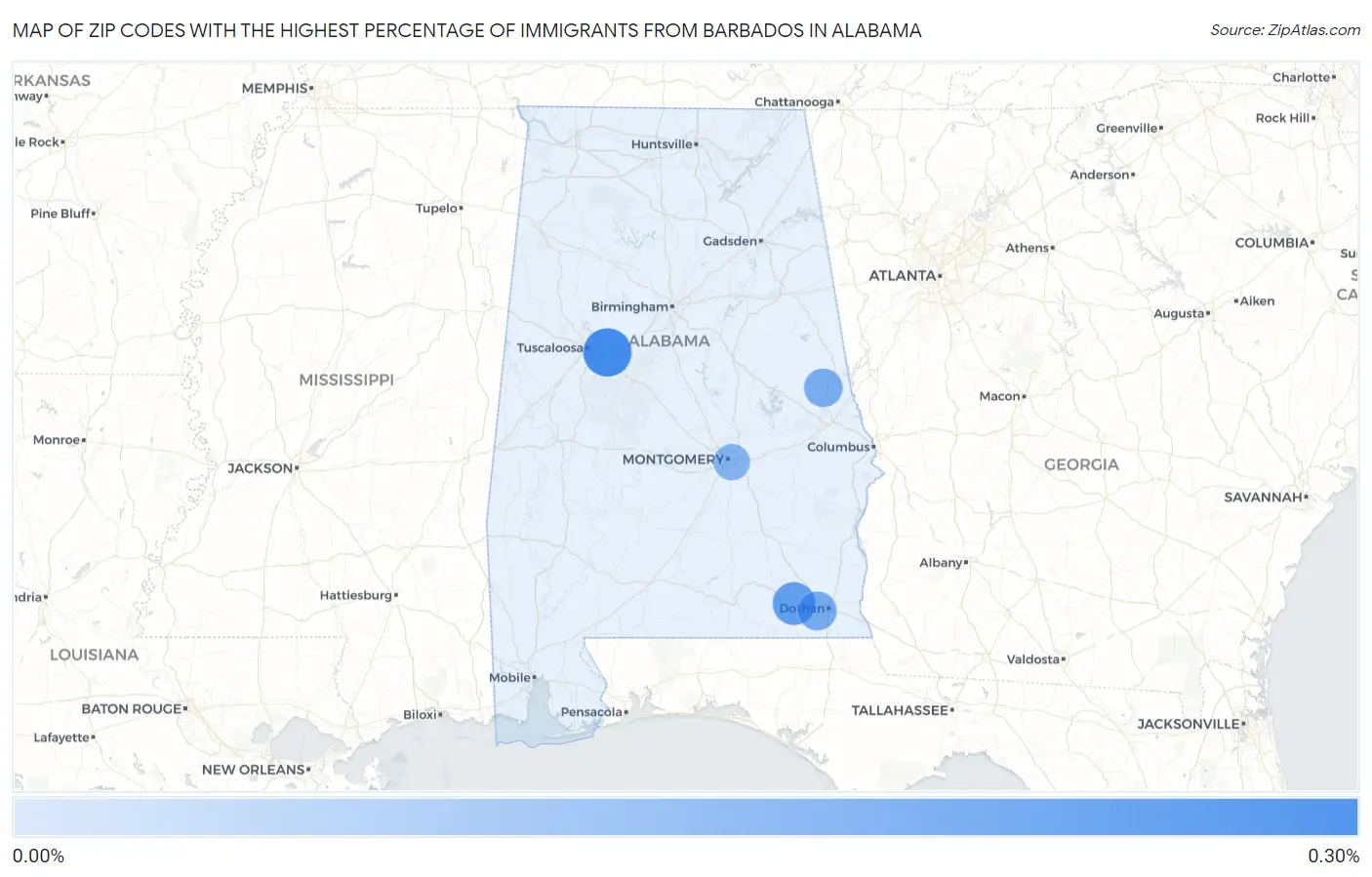 Zip Codes with the Highest Percentage of Immigrants from Barbados in Alabama Map