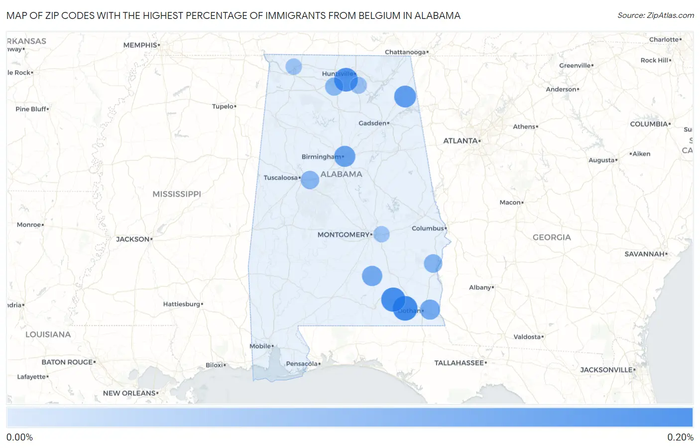 Zip Codes with the Highest Percentage of Immigrants from Belgium in Alabama Map