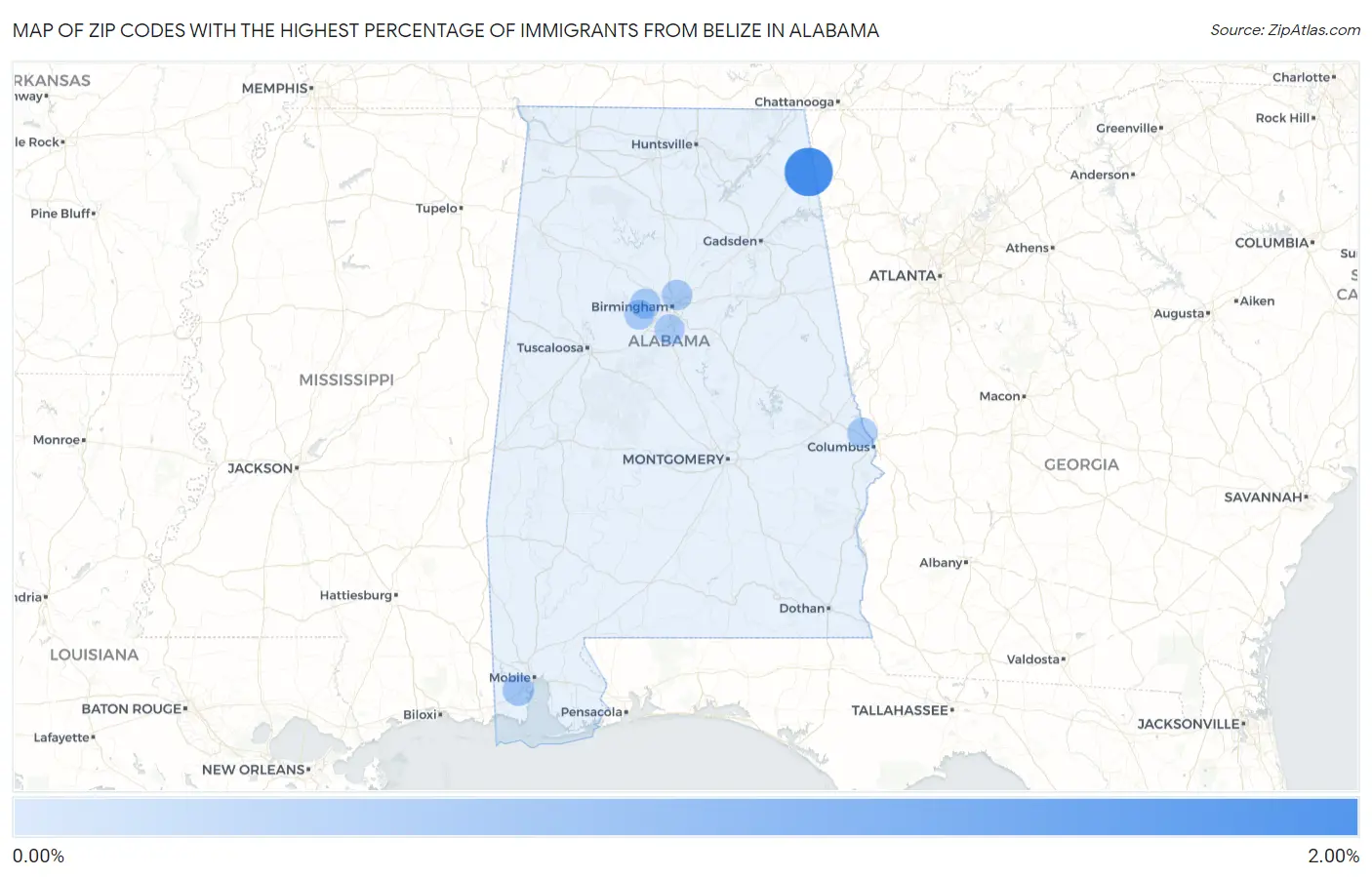 Zip Codes with the Highest Percentage of Immigrants from Belize in Alabama Map