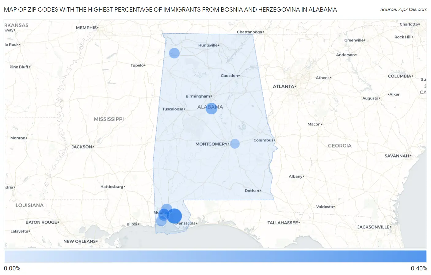 Zip Codes with the Highest Percentage of Immigrants from Bosnia and Herzegovina in Alabama Map