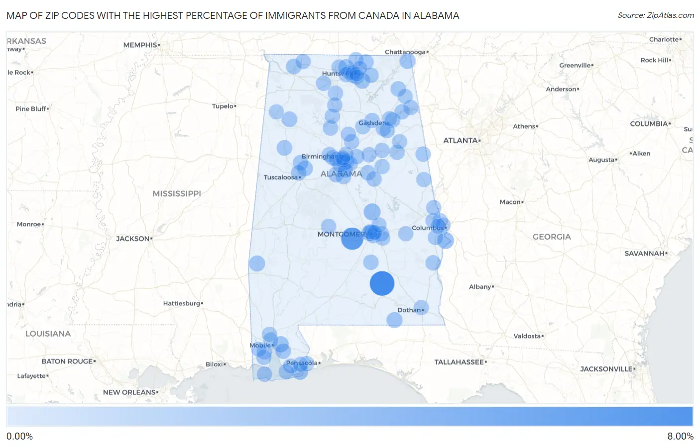 Zip Codes with the Highest Percentage of Immigrants from Canada in Alabama Map