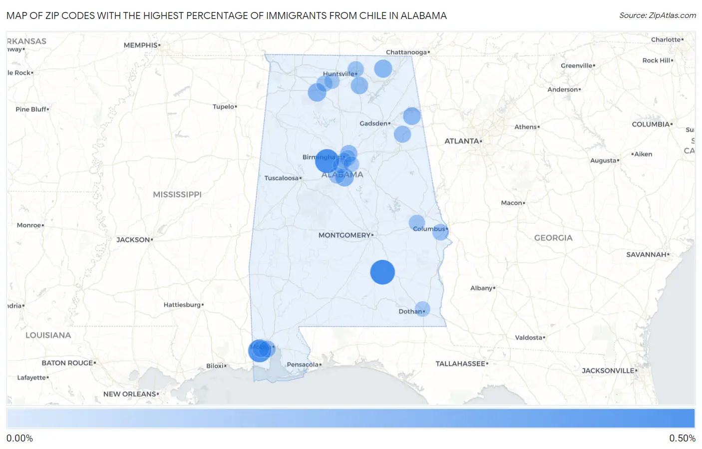 Zip Codes with the Highest Percentage of Immigrants from Chile in Alabama Map