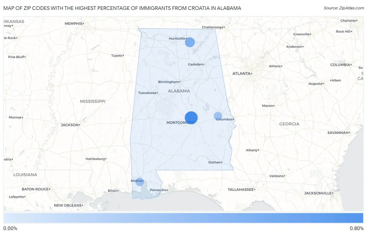 Zip Codes with the Highest Percentage of Immigrants from Croatia in Alabama Map