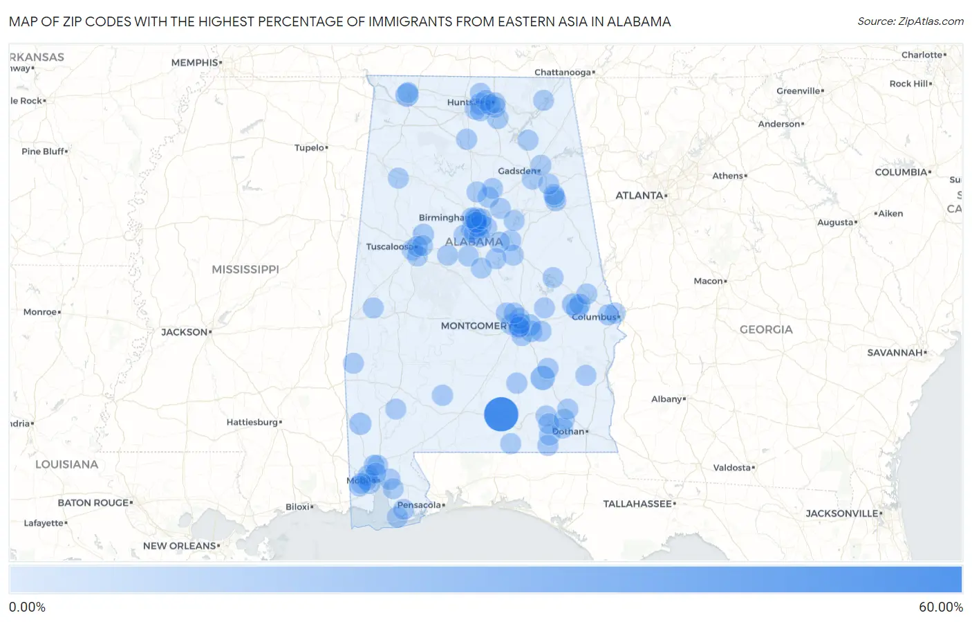 Zip Codes with the Highest Percentage of Immigrants from Eastern Asia in Alabama Map
