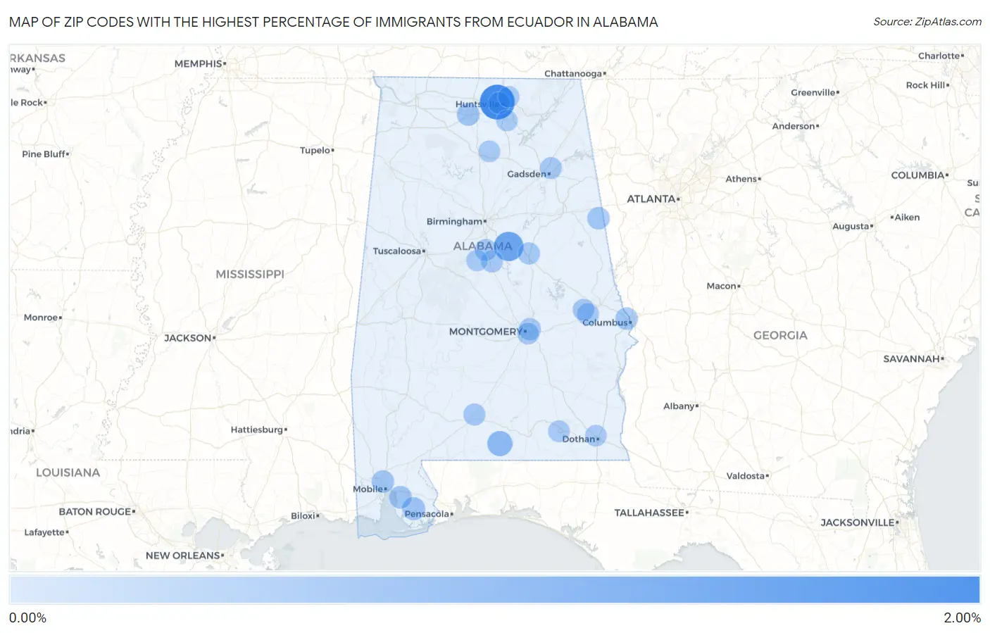 Zip Codes with the Highest Percentage of Immigrants from Ecuador in Alabama Map