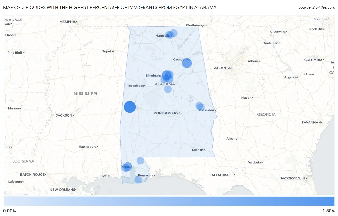 Zip Codes with the Highest Percentage of Immigrants from Egypt in Alabama Map