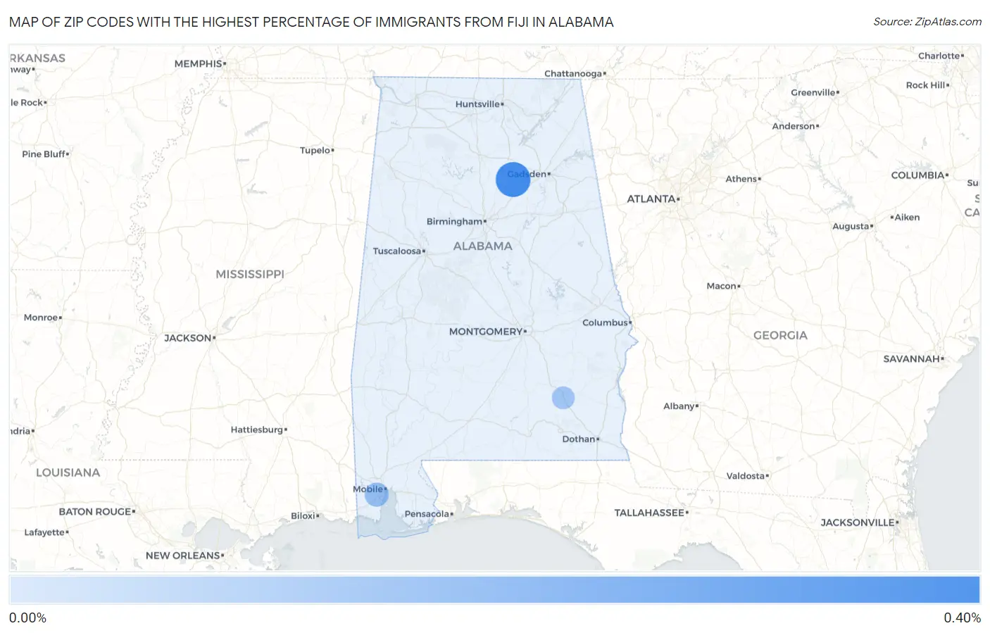 Zip Codes with the Highest Percentage of Immigrants from Fiji in Alabama Map