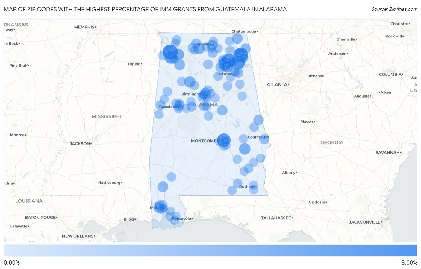 Zip Codes with the Highest Percentage of Immigrants from Guatemala in Alabama Map