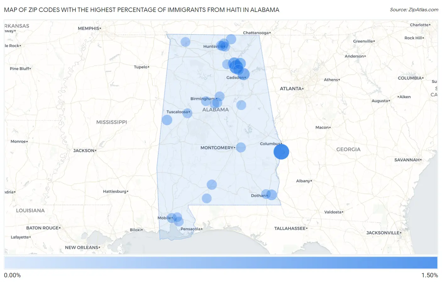 Zip Codes with the Highest Percentage of Immigrants from Haiti in Alabama Map