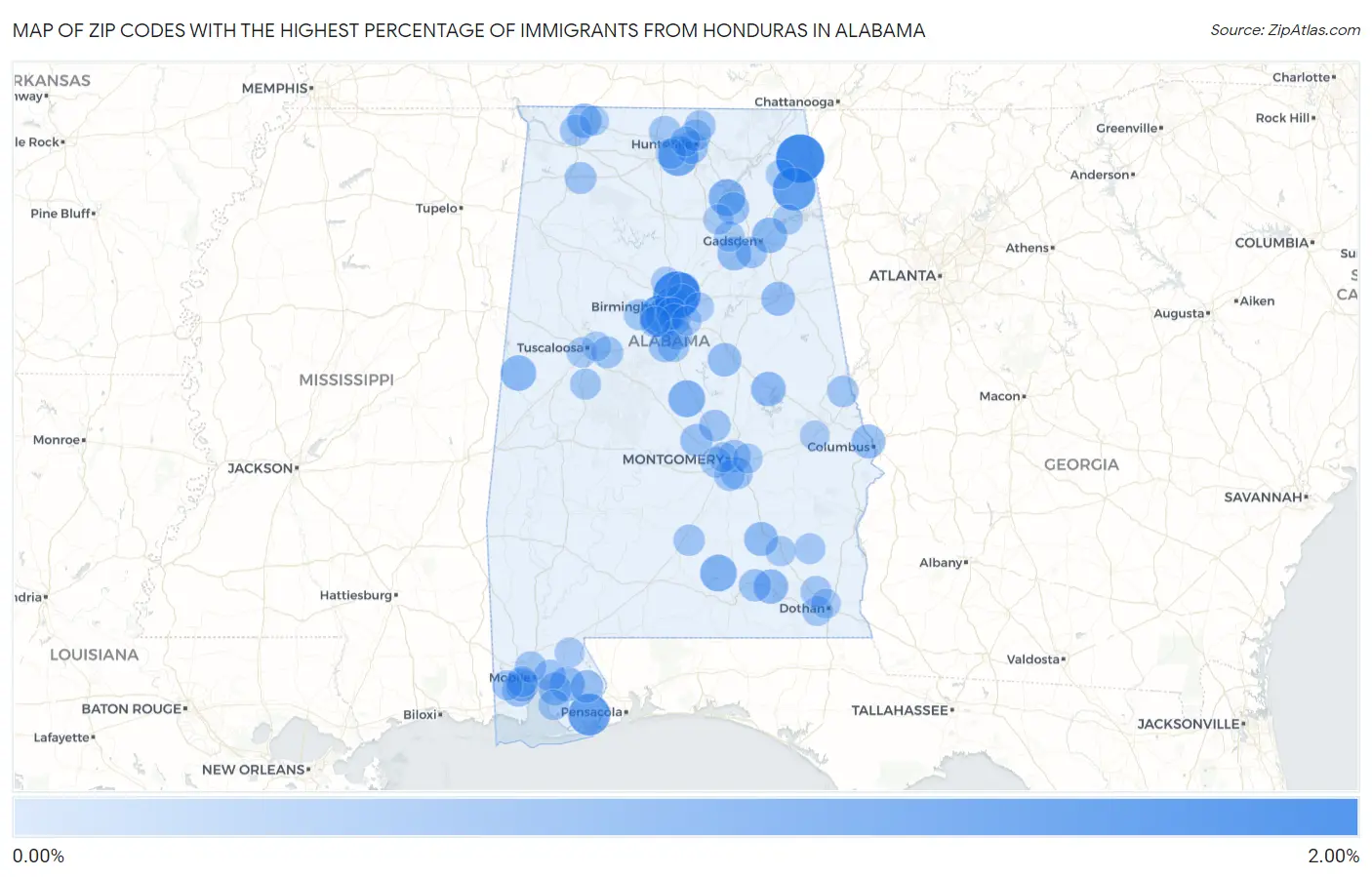Zip Codes with the Highest Percentage of Immigrants from Honduras in Alabama Map