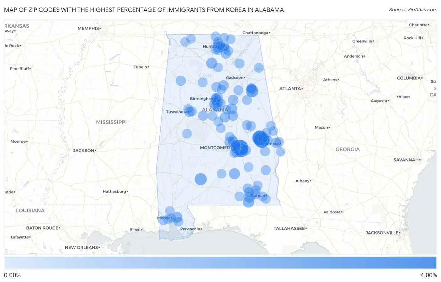 Zip Codes with the Highest Percentage of Immigrants from Korea in Alabama Map