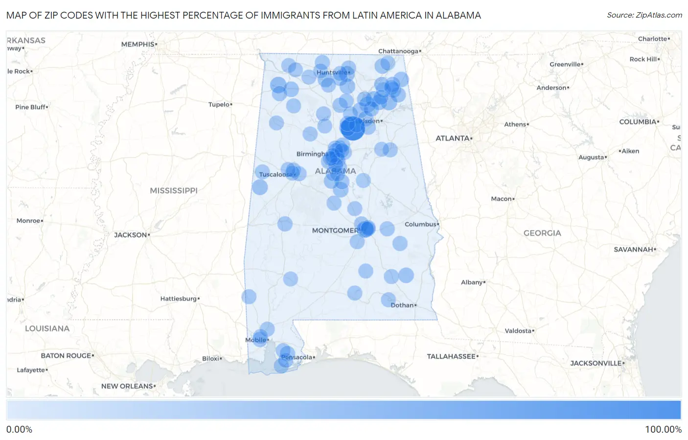 Zip Codes with the Highest Percentage of Immigrants from Latin America in Alabama Map
