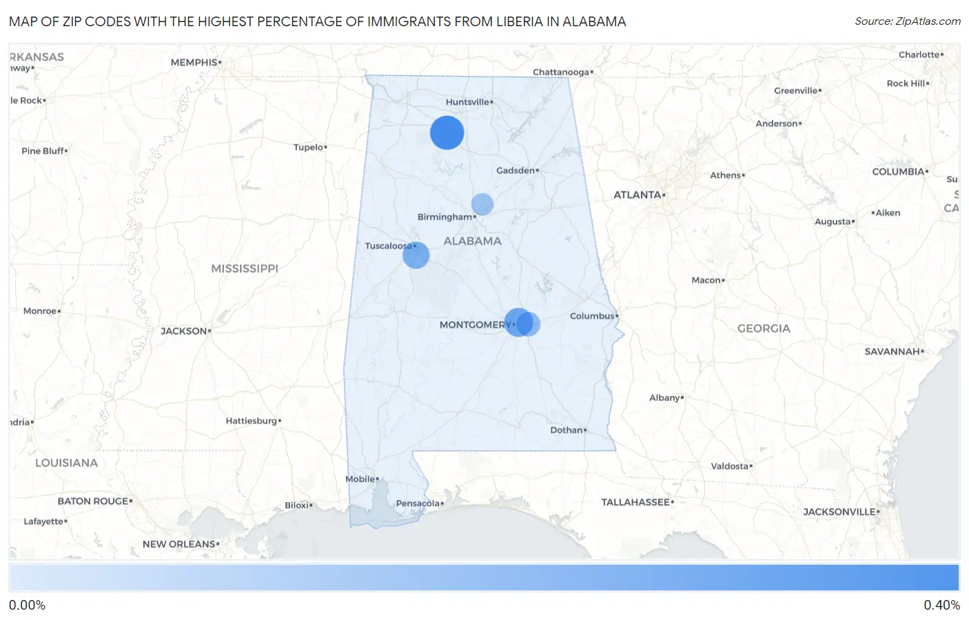 Zip Codes with the Highest Percentage of Immigrants from Liberia in Alabama Map