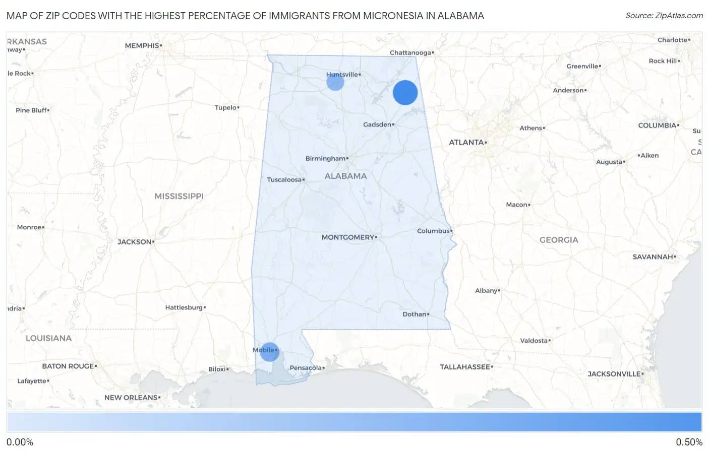 Zip Codes with the Highest Percentage of Immigrants from Micronesia in Alabama Map