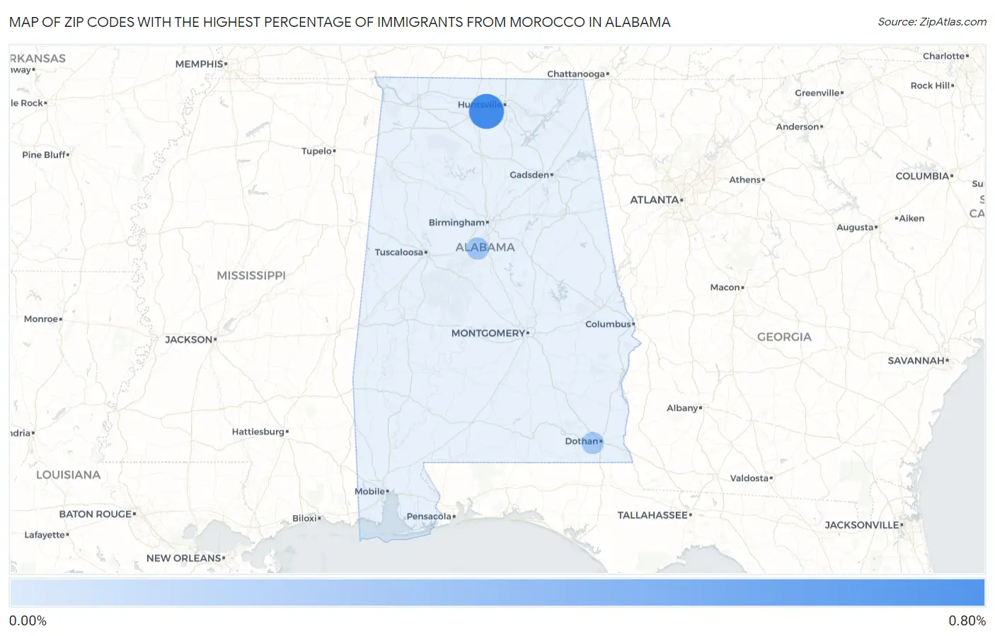 Zip Codes with the Highest Percentage of Immigrants from Morocco in Alabama Map
