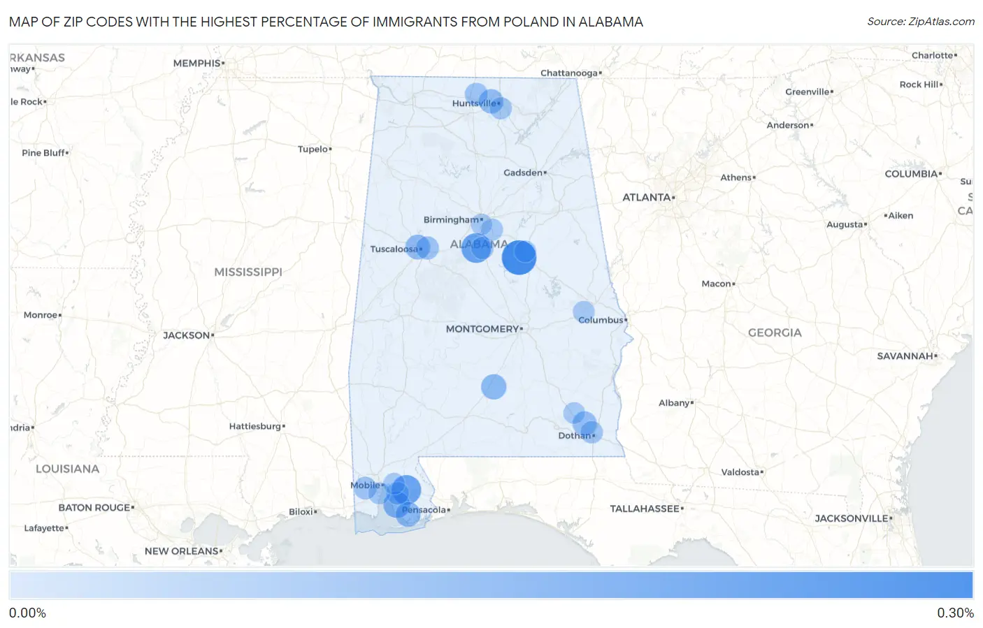 Zip Codes with the Highest Percentage of Immigrants from Poland in Alabama Map