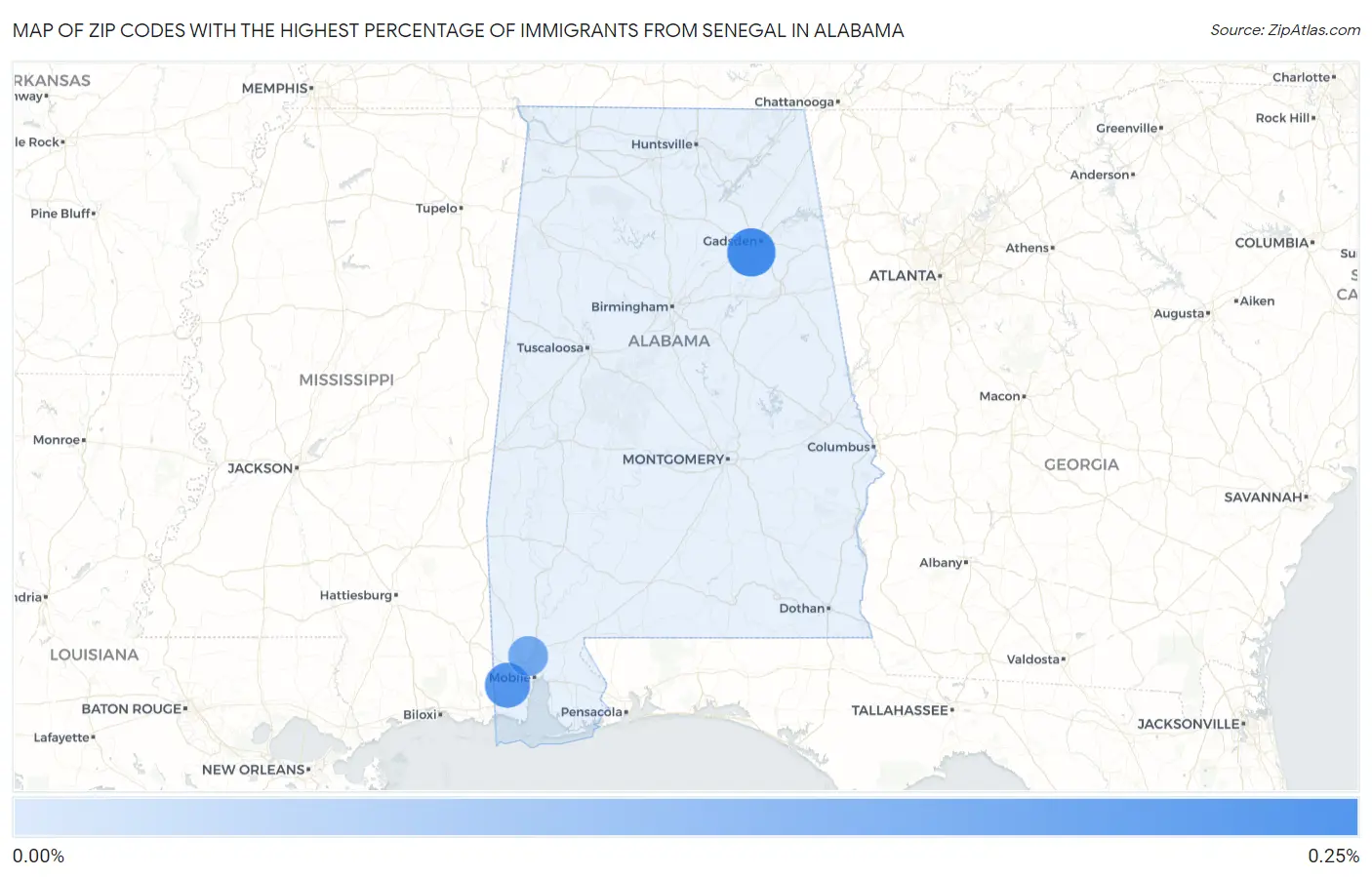 Zip Codes with the Highest Percentage of Immigrants from Senegal in Alabama Map