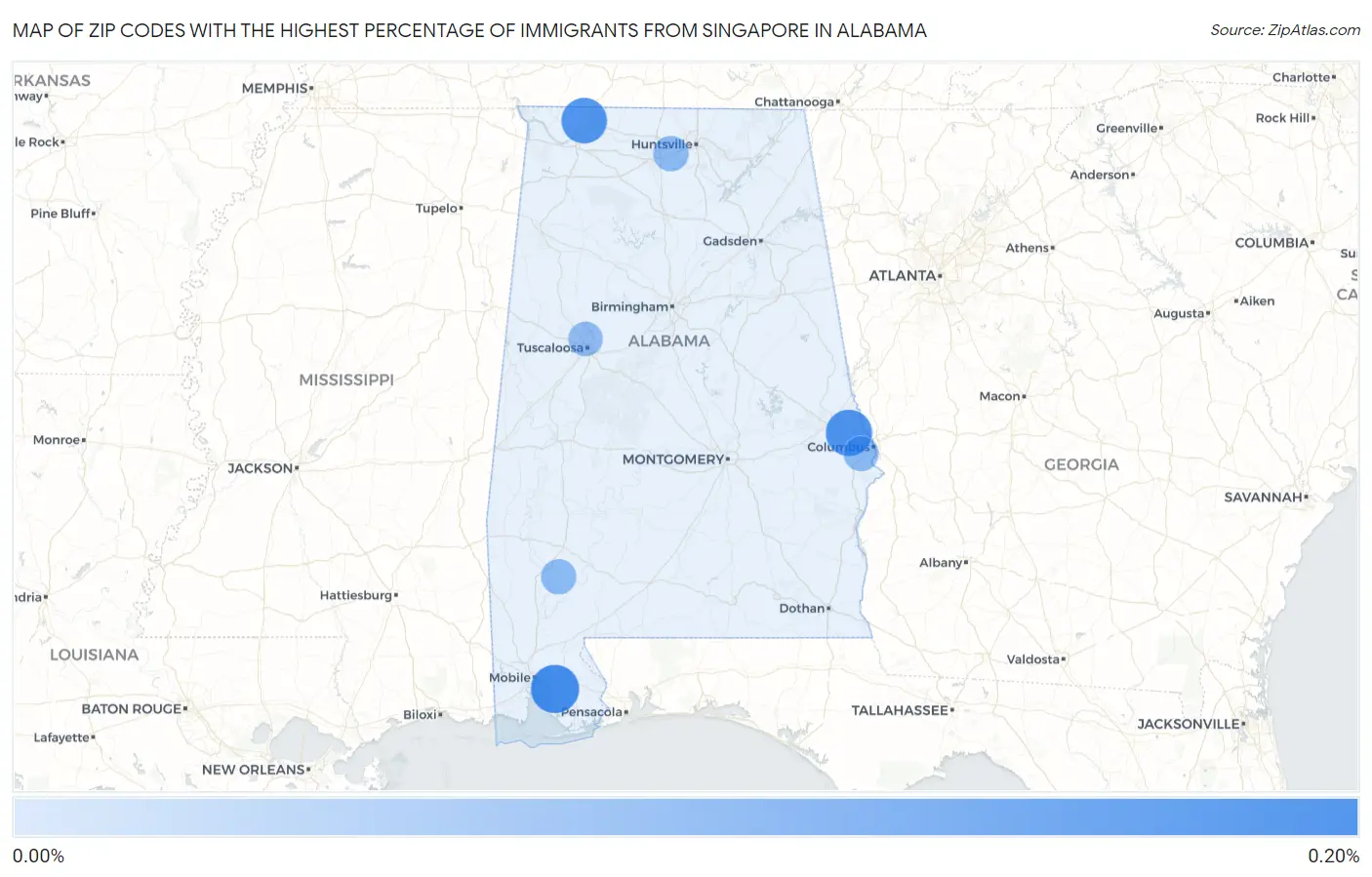 Zip Codes with the Highest Percentage of Immigrants from Singapore in Alabama Map