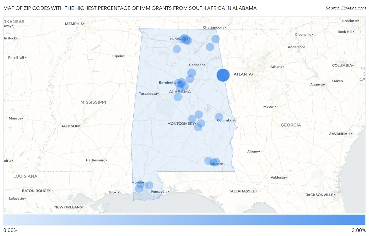 Zip Codes with the Highest Percentage of Immigrants from South Africa in Alabama Map