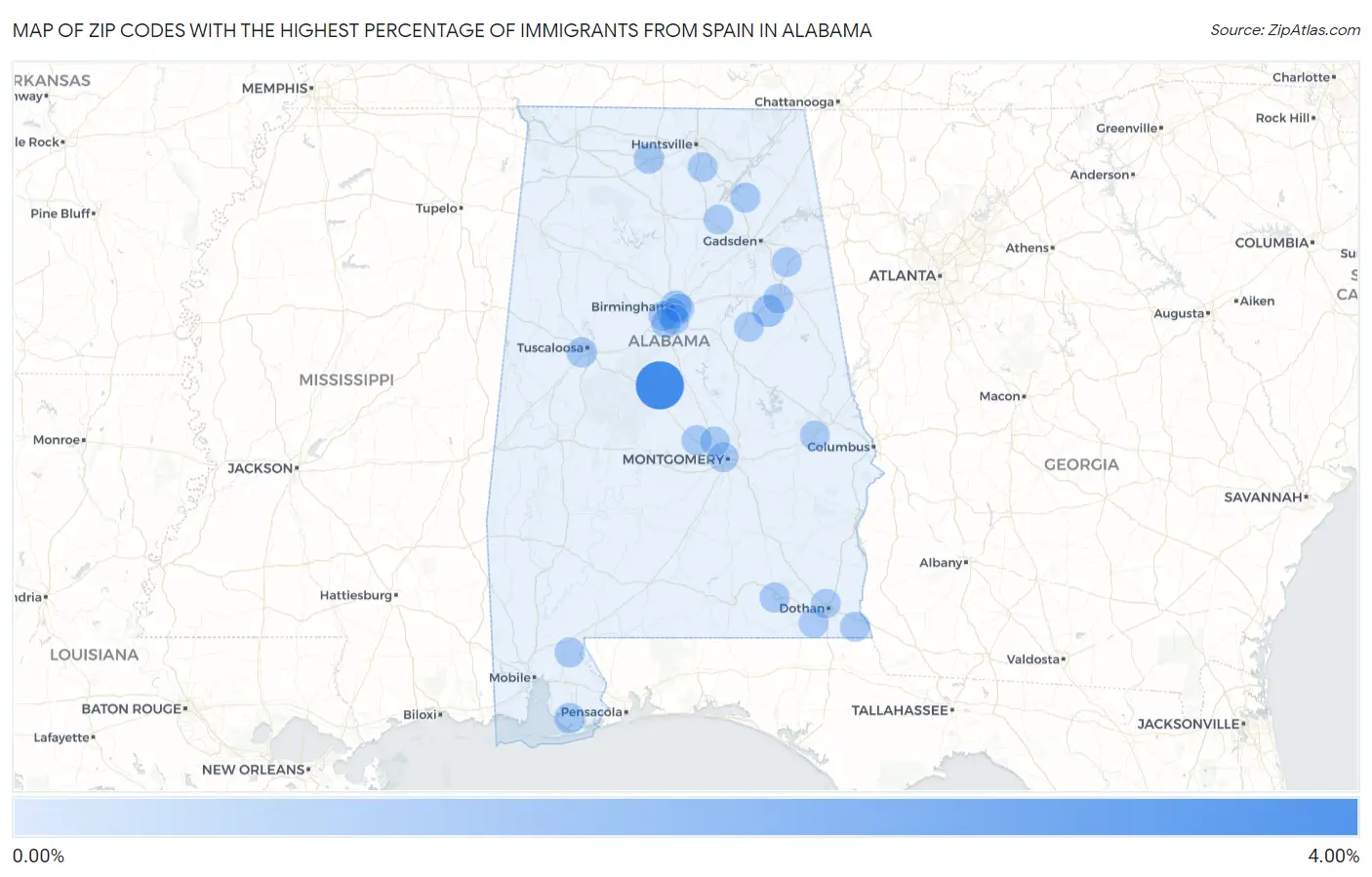 Zip Codes with the Highest Percentage of Immigrants from Spain in Alabama Map