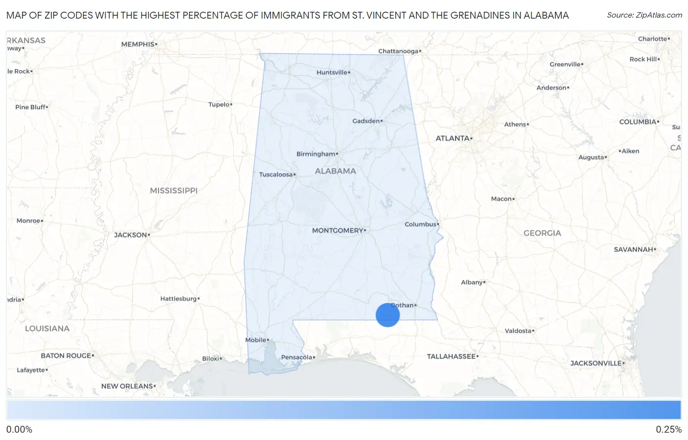 Zip Codes with the Highest Percentage of Immigrants from St. Vincent and the Grenadines in Alabama Map
