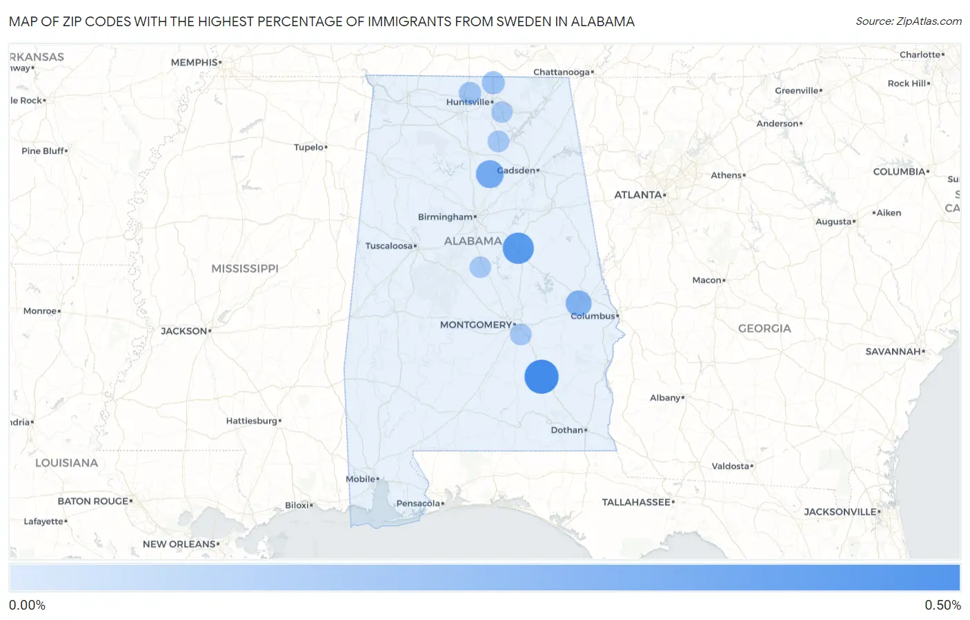 Zip Codes with the Highest Percentage of Immigrants from Sweden in Alabama Map