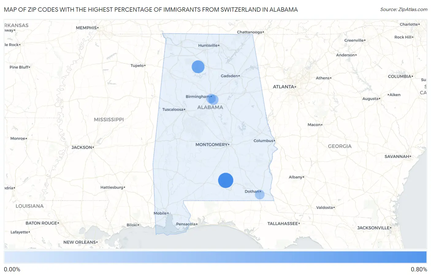 Zip Codes with the Highest Percentage of Immigrants from Switzerland in Alabama Map