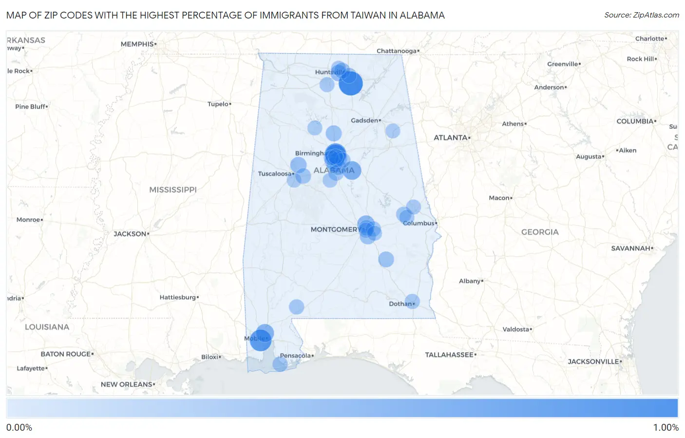 Zip Codes with the Highest Percentage of Immigrants from Taiwan in Alabama Map