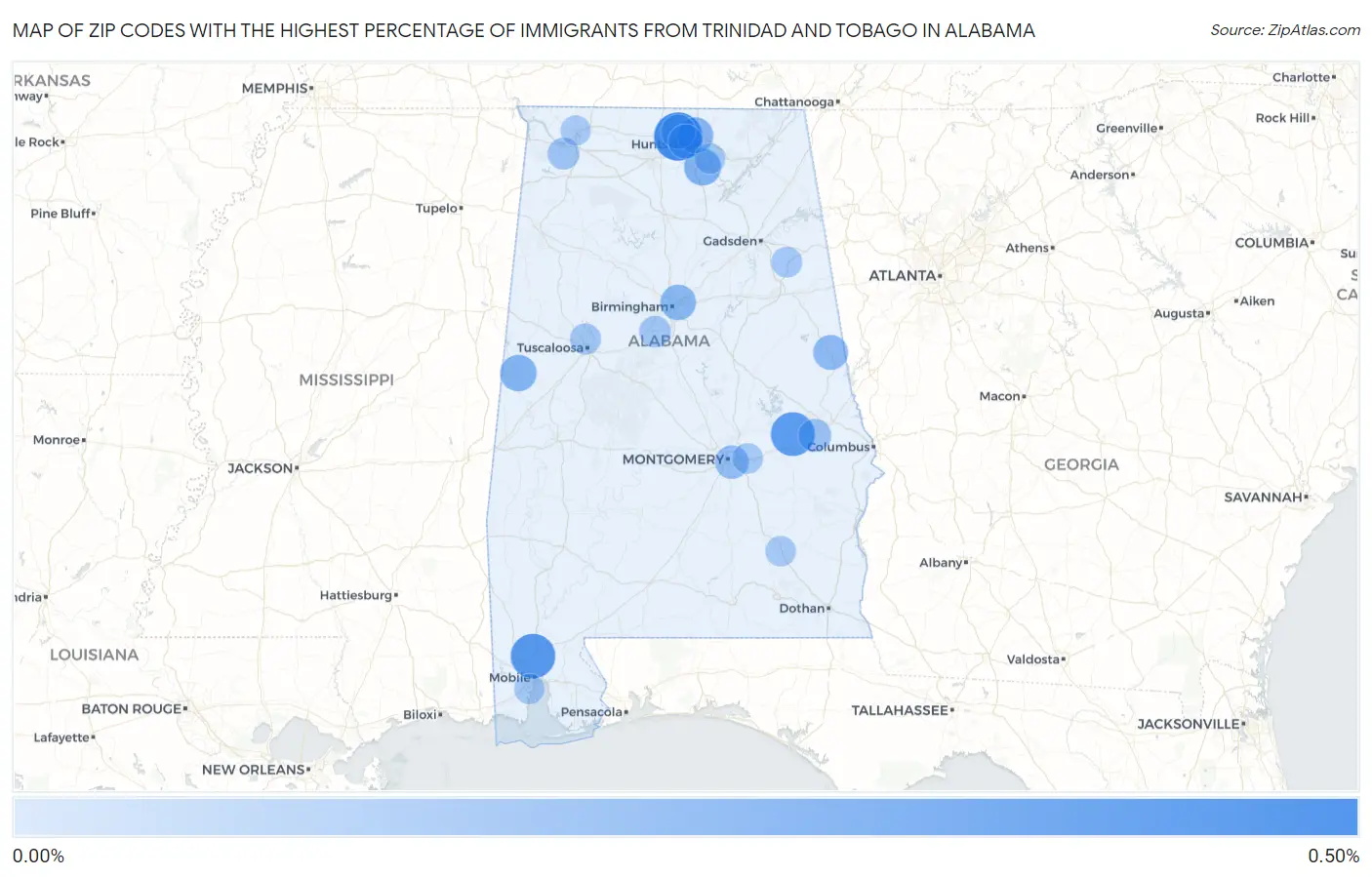 Zip Codes with the Highest Percentage of Immigrants from Trinidad and Tobago in Alabama Map
