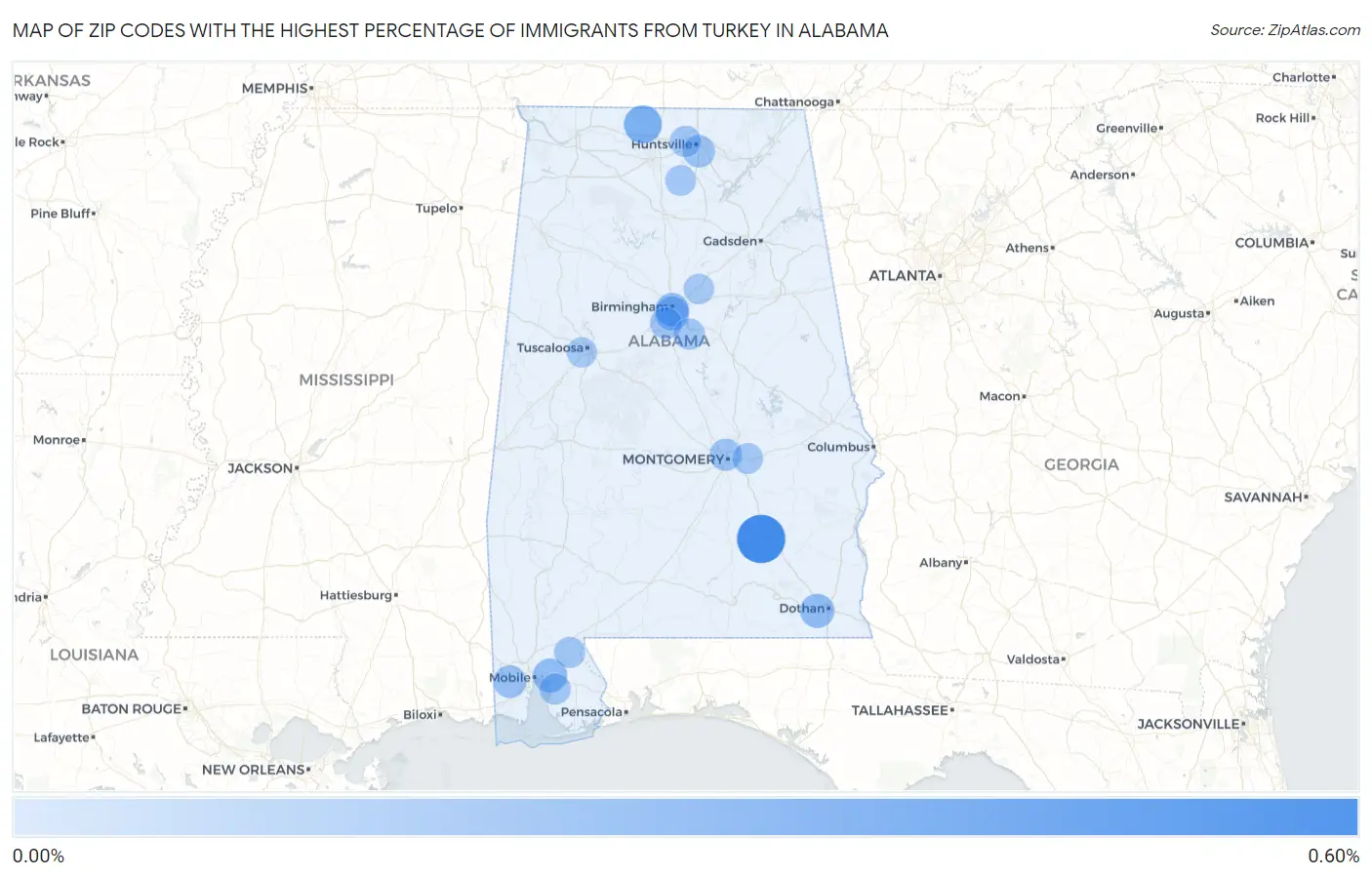 Zip Codes with the Highest Percentage of Immigrants from Turkey in Alabama Map