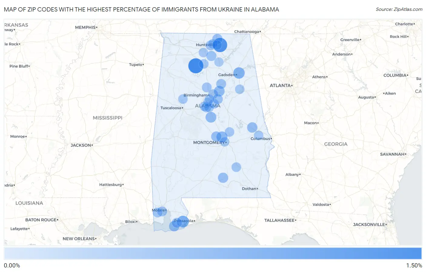Zip Codes with the Highest Percentage of Immigrants from Ukraine in Alabama Map