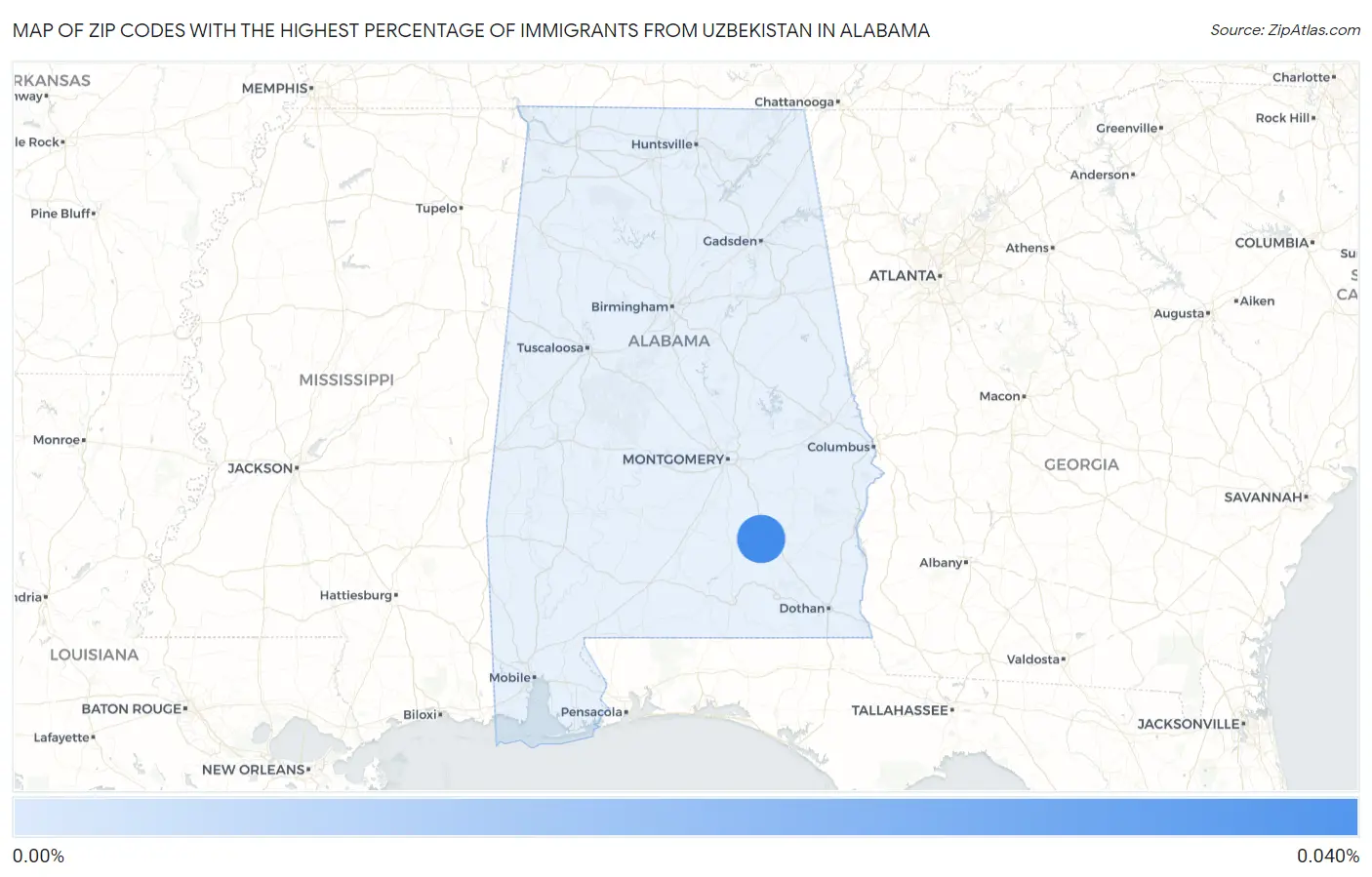 Zip Codes with the Highest Percentage of Immigrants from Uzbekistan in Alabama Map