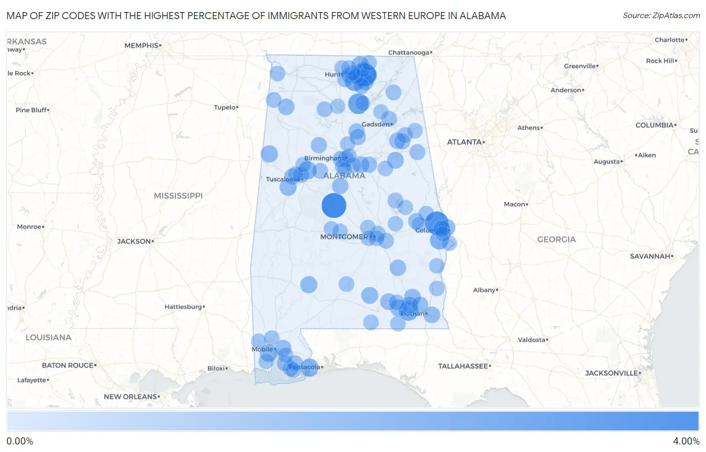 Zip Codes with the Highest Percentage of Immigrants from Western Europe in Alabama Map