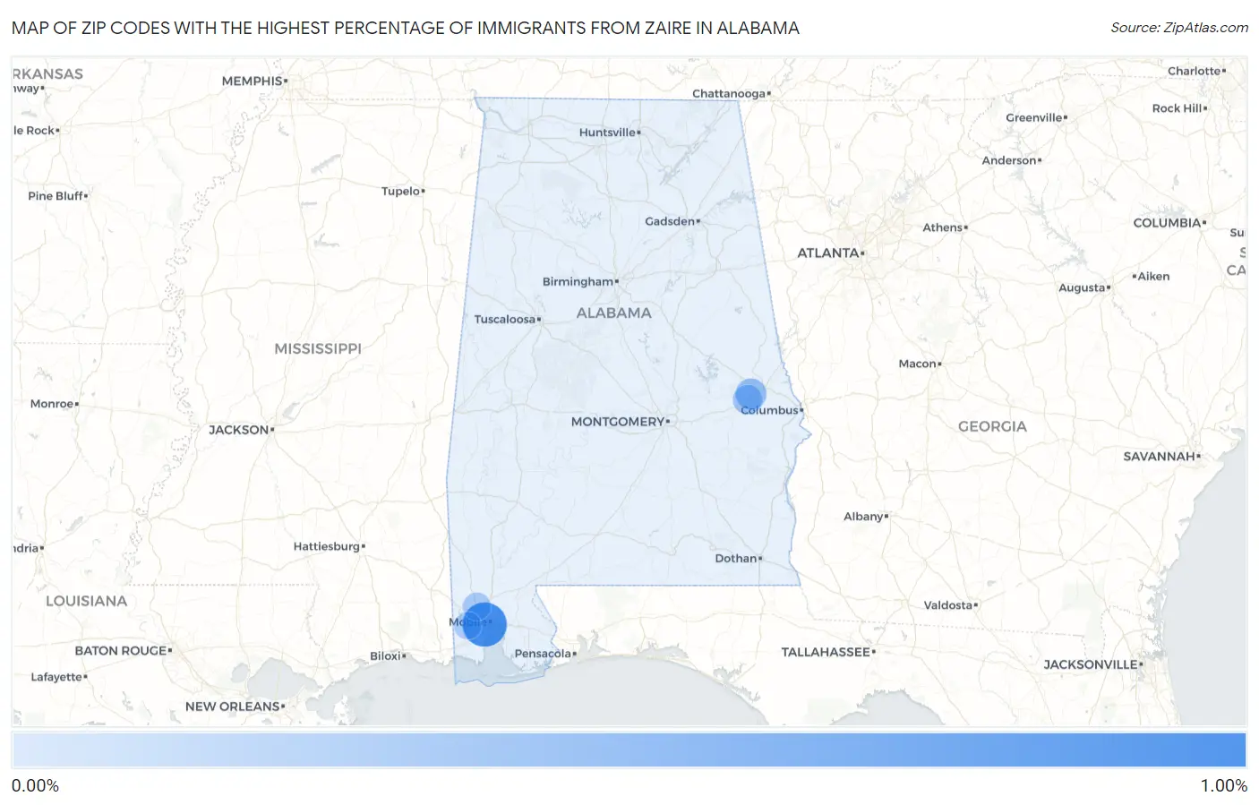 Zip Codes with the Highest Percentage of Immigrants from Zaire in Alabama Map