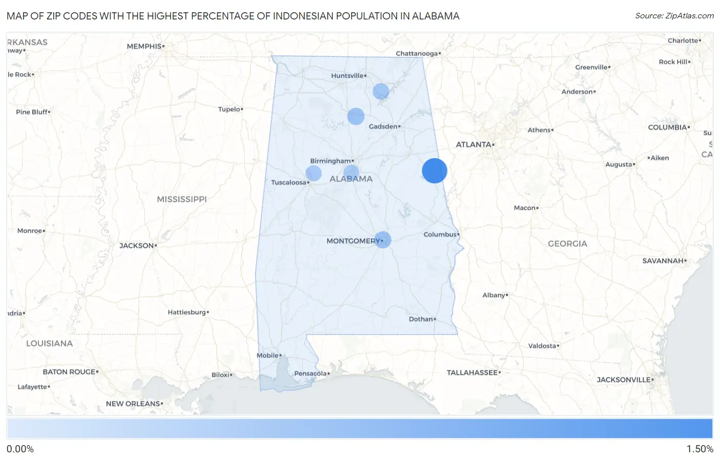 Zip Codes with the Highest Percentage of Indonesian Population in Alabama Map