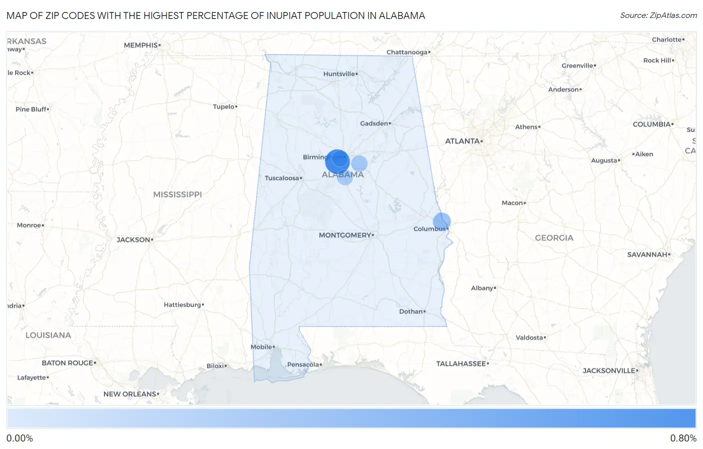 Zip Codes with the Highest Percentage of Inupiat Population in Alabama Map