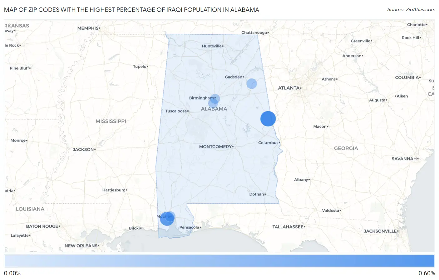 Zip Codes with the Highest Percentage of Iraqi Population in Alabama Map