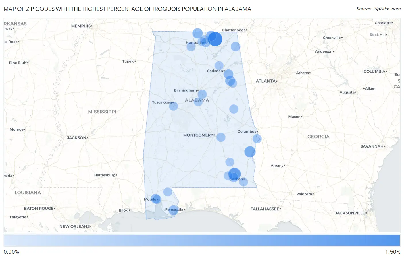Zip Codes with the Highest Percentage of Iroquois Population in Alabama Map