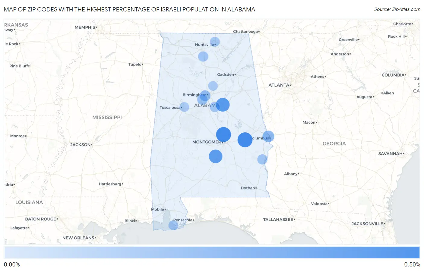 Zip Codes with the Highest Percentage of Israeli Population in Alabama Map
