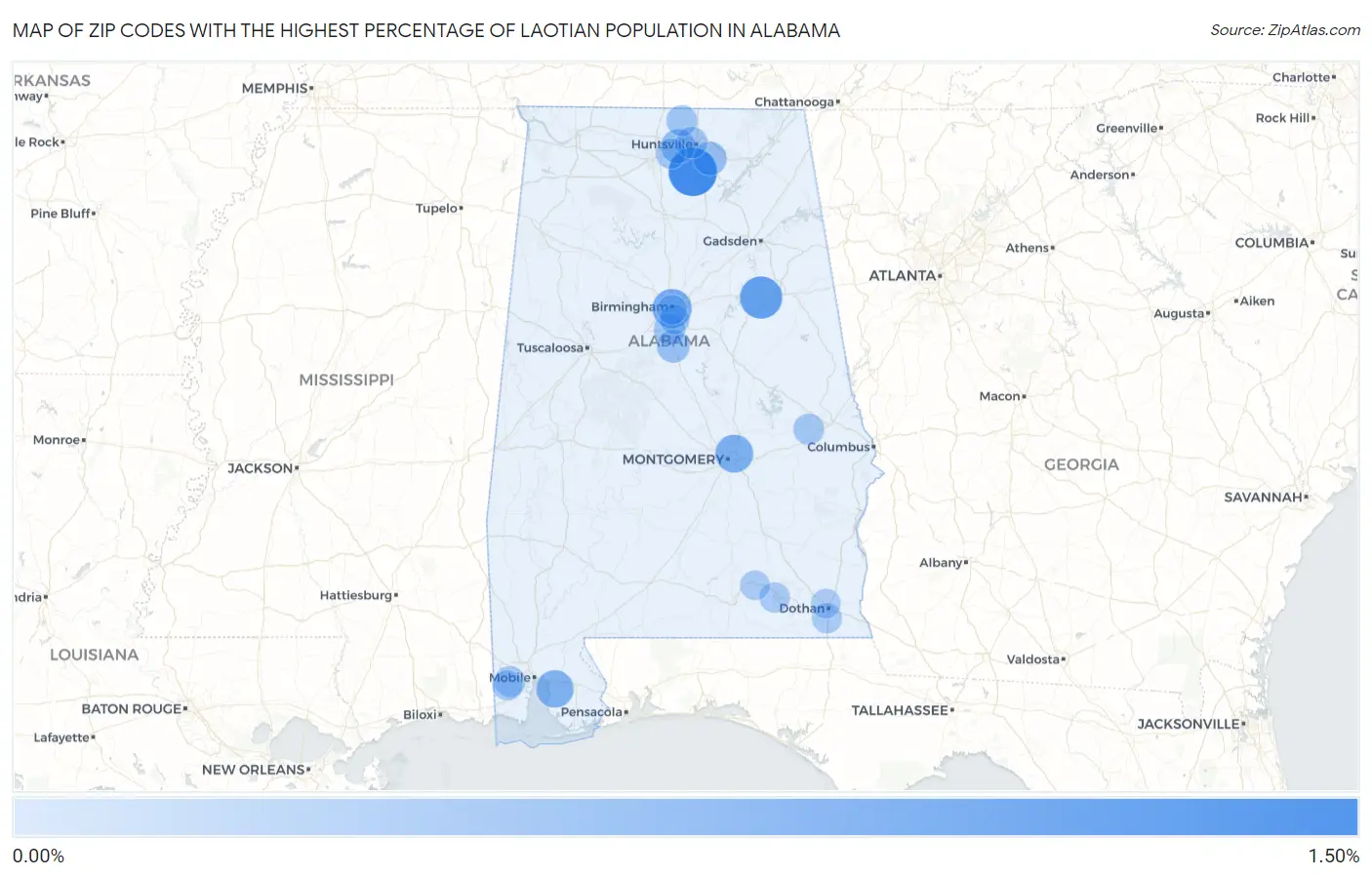 Zip Codes with the Highest Percentage of Laotian Population in Alabama Map