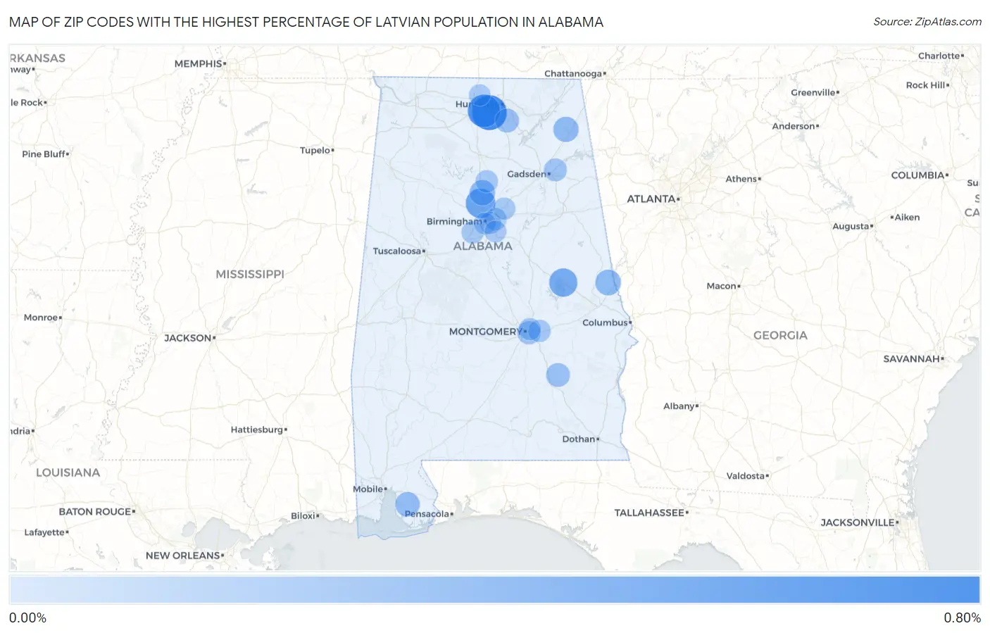 Zip Codes with the Highest Percentage of Latvian Population in Alabama Map