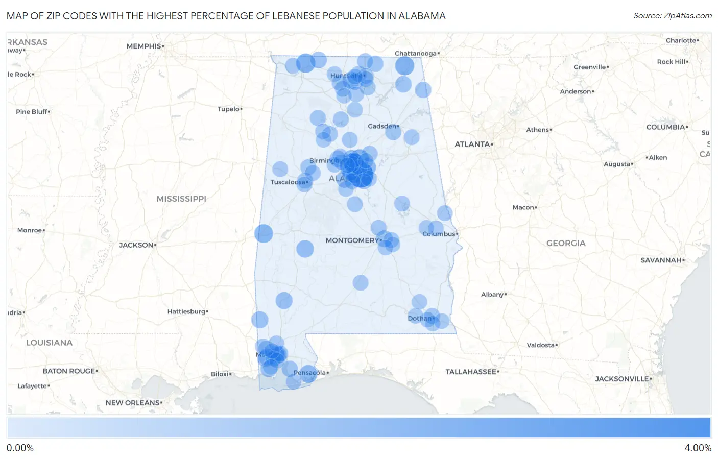 Zip Codes with the Highest Percentage of Lebanese Population in Alabama Map