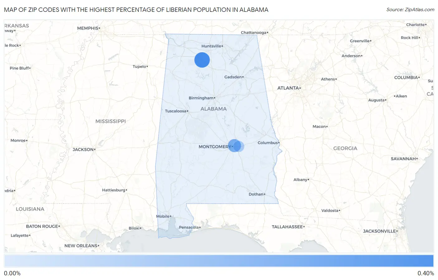 Zip Codes with the Highest Percentage of Liberian Population in Alabama Map