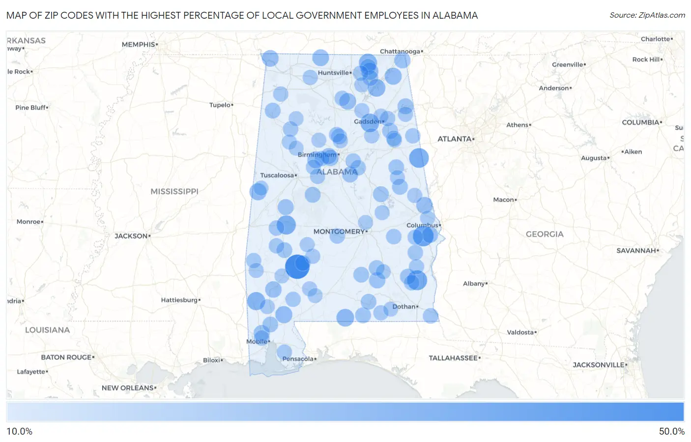 Zip Codes with the Highest Percentage of Local Government Employees in Alabama Map