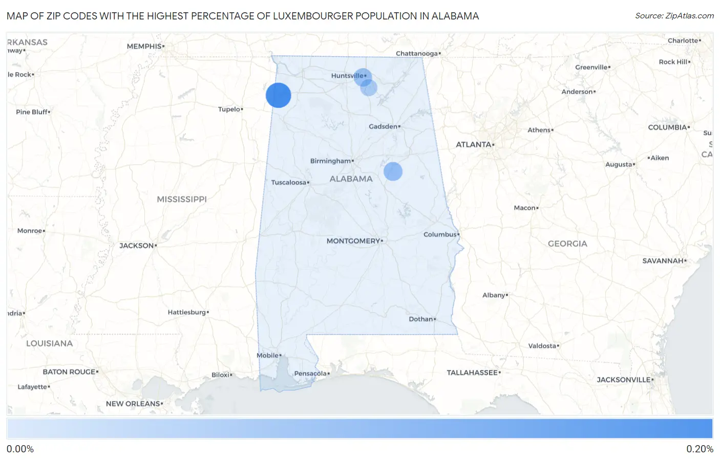 Zip Codes with the Highest Percentage of Luxembourger Population in Alabama Map