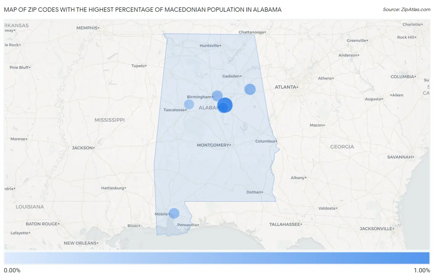 Zip Codes with the Highest Percentage of Macedonian Population in Alabama Map