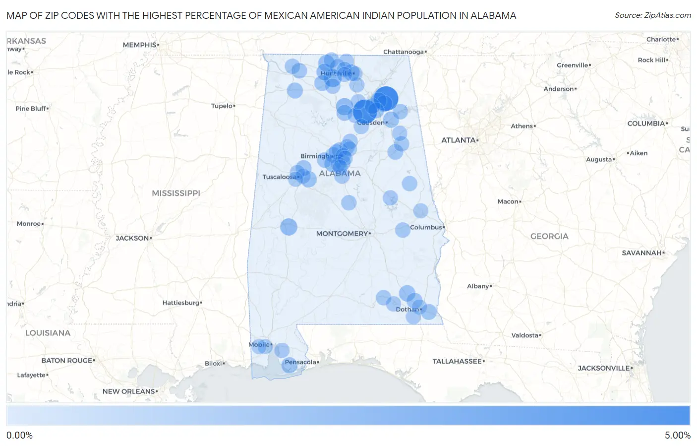 Zip Codes with the Highest Percentage of Mexican American Indian Population in Alabama Map
